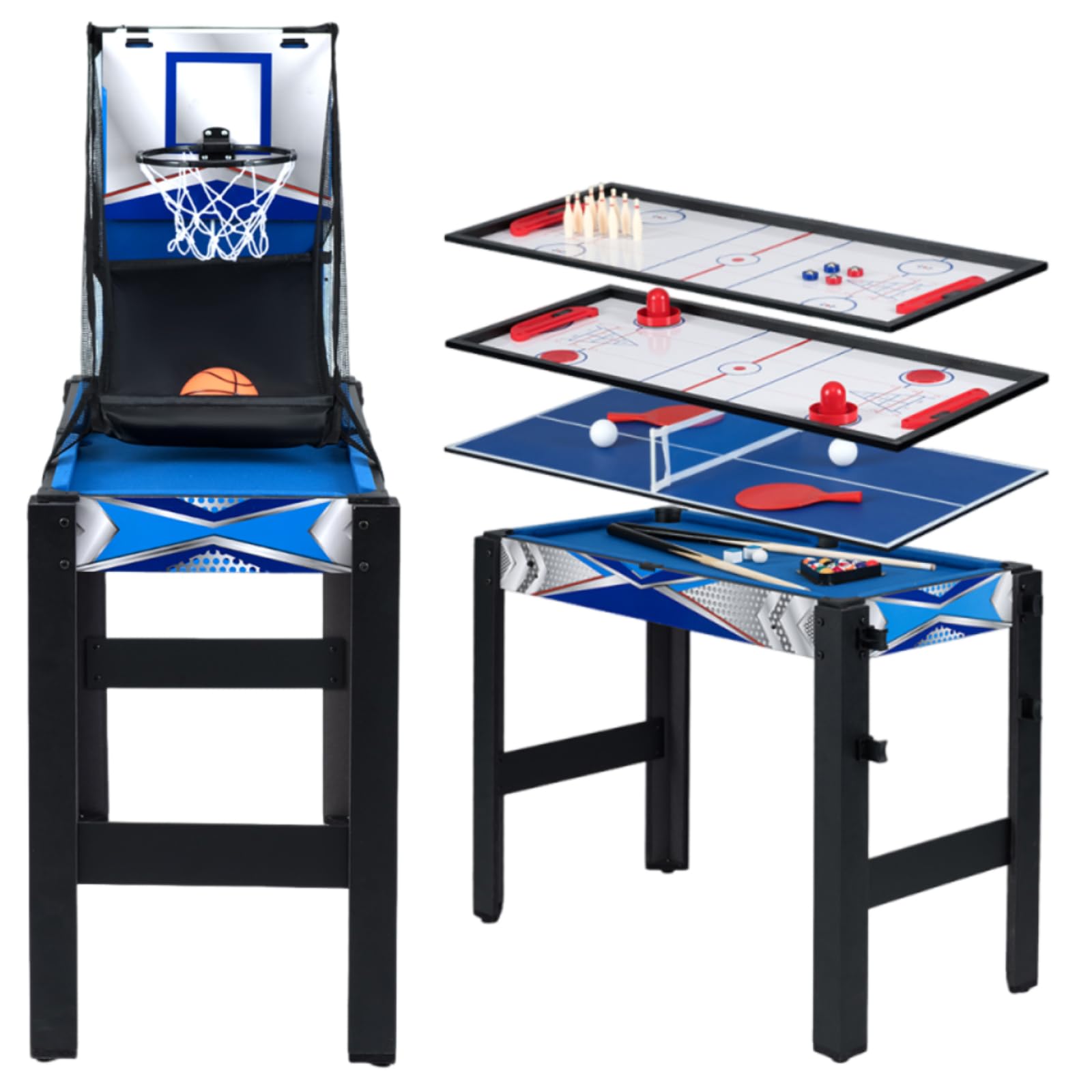 Maxmass 36โโ Multi Games Table Set, 6 in 1 Combo Sports Play Table with Basketball, Table Tennis, Air Hockey, Billiards, Bowling and Shuffleboard, Combination Table Playset for Gathering Party Arcade