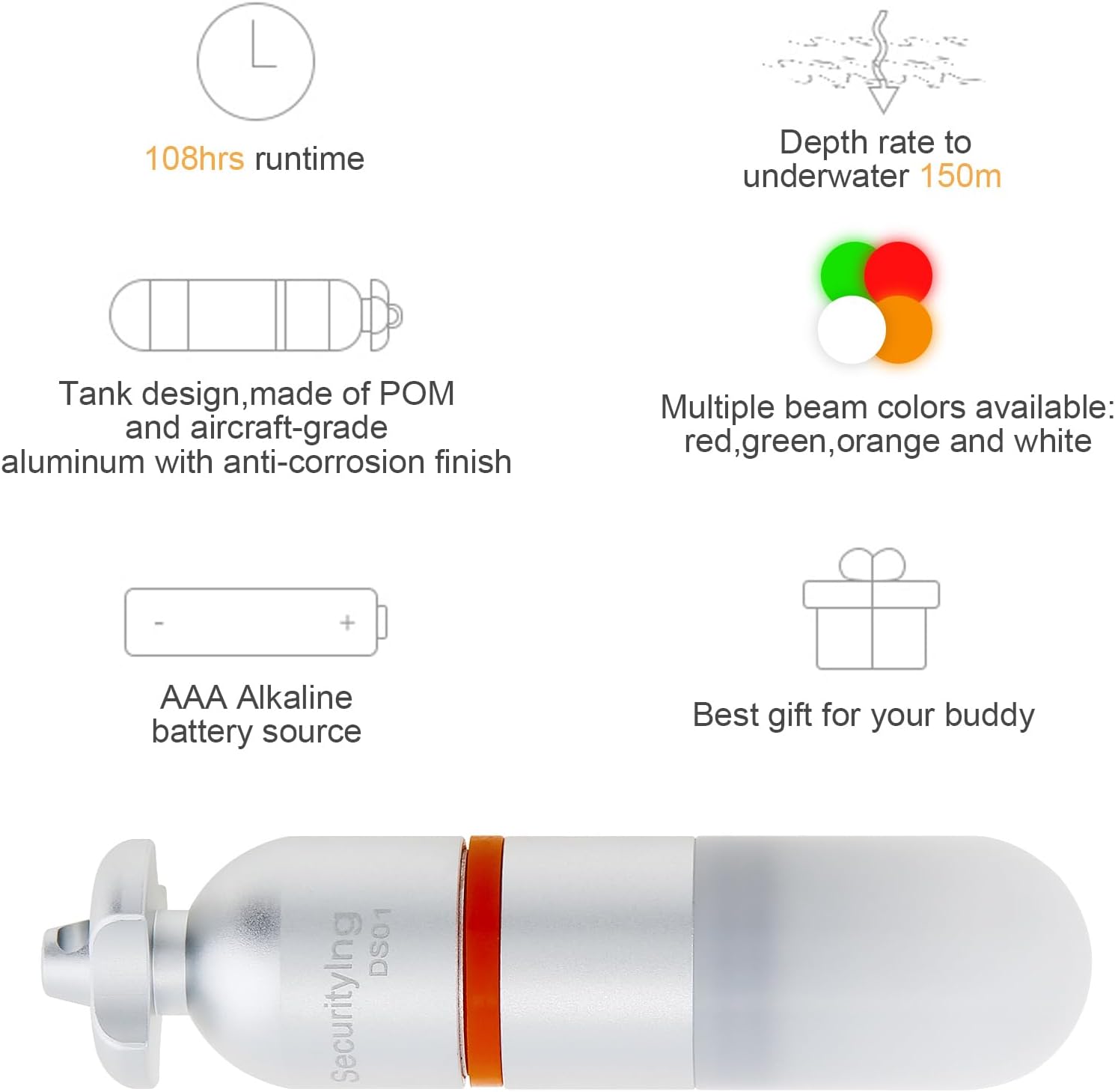 SecurityIng 2-Pack Dive Marker Light, 150m Waterproof Mini Scuba Tank Light, Steady & Flash Modes, AAA Battery Included, LED Diving Signal Light for Night Diving Camping Cave Adventure -Yellow