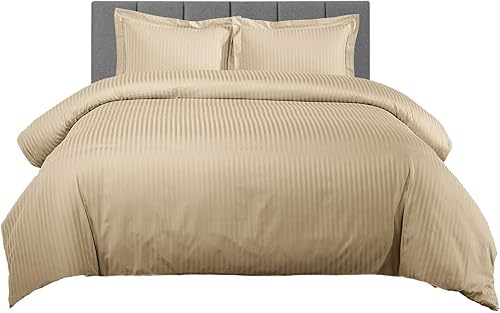600 hilos, 5 piezas (1 funda de edredón con 4 fundas de almohada), tamaño matrimonialcama doble, rayas beige, 100% algodón egipcio