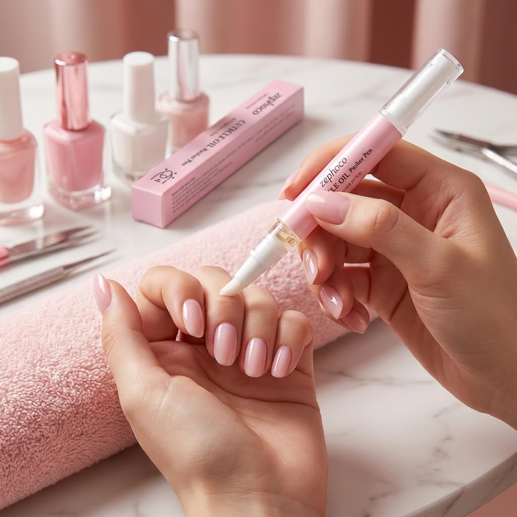 Ceramic Cuticle Pusher & Nail Oil Pen, 2-in-1 Nail Care Tool for Sensitive or Damaged Nails, Gentle Hangnail Remover, Portable Nail Pen with Stainless Steel Cuticle Cleaner (Pink)