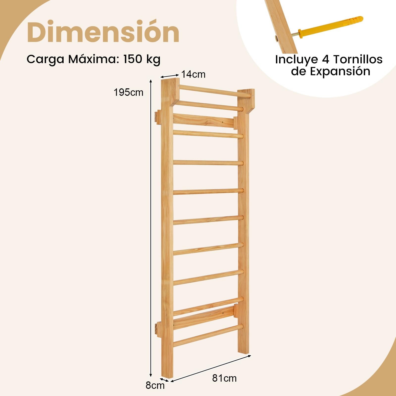 GOPLUS Espaldera Gimnasio de Madera de Pino, Pared de Escalada para Habitaciones Infantiles, Escalera Sueca Barras de Pared para Adultos y Niños, 195 x 80 x 14 cm, Carga 100 kg