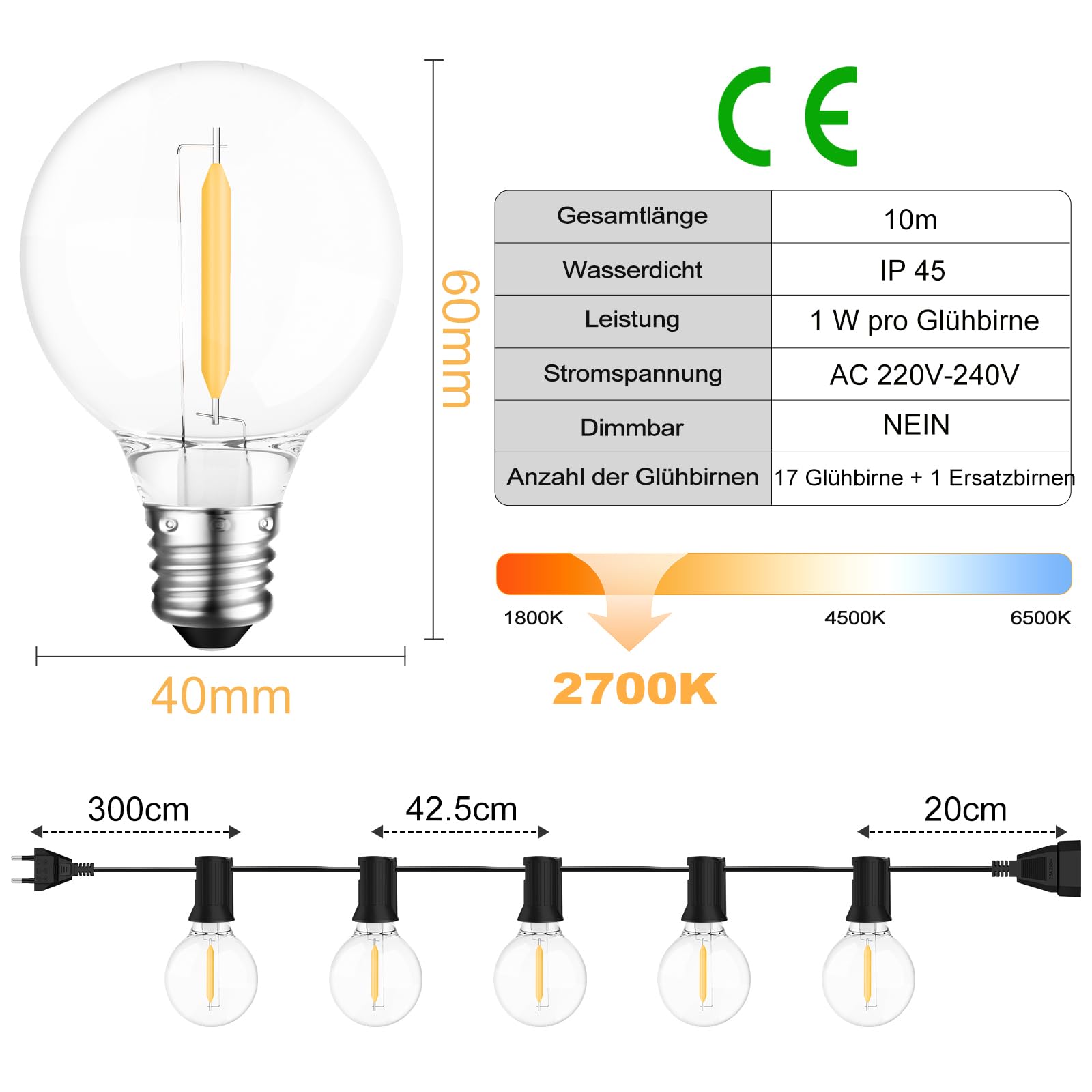 Heinstian Catena Luminosa Esterno LED, 10M Catene Luminose Da Esterno Giallo Caldo, Catena Luci Esterno con 17+1 Lampadine G40 in Plastica Impermeabile IP45 Lucine Da Esterno Giardino