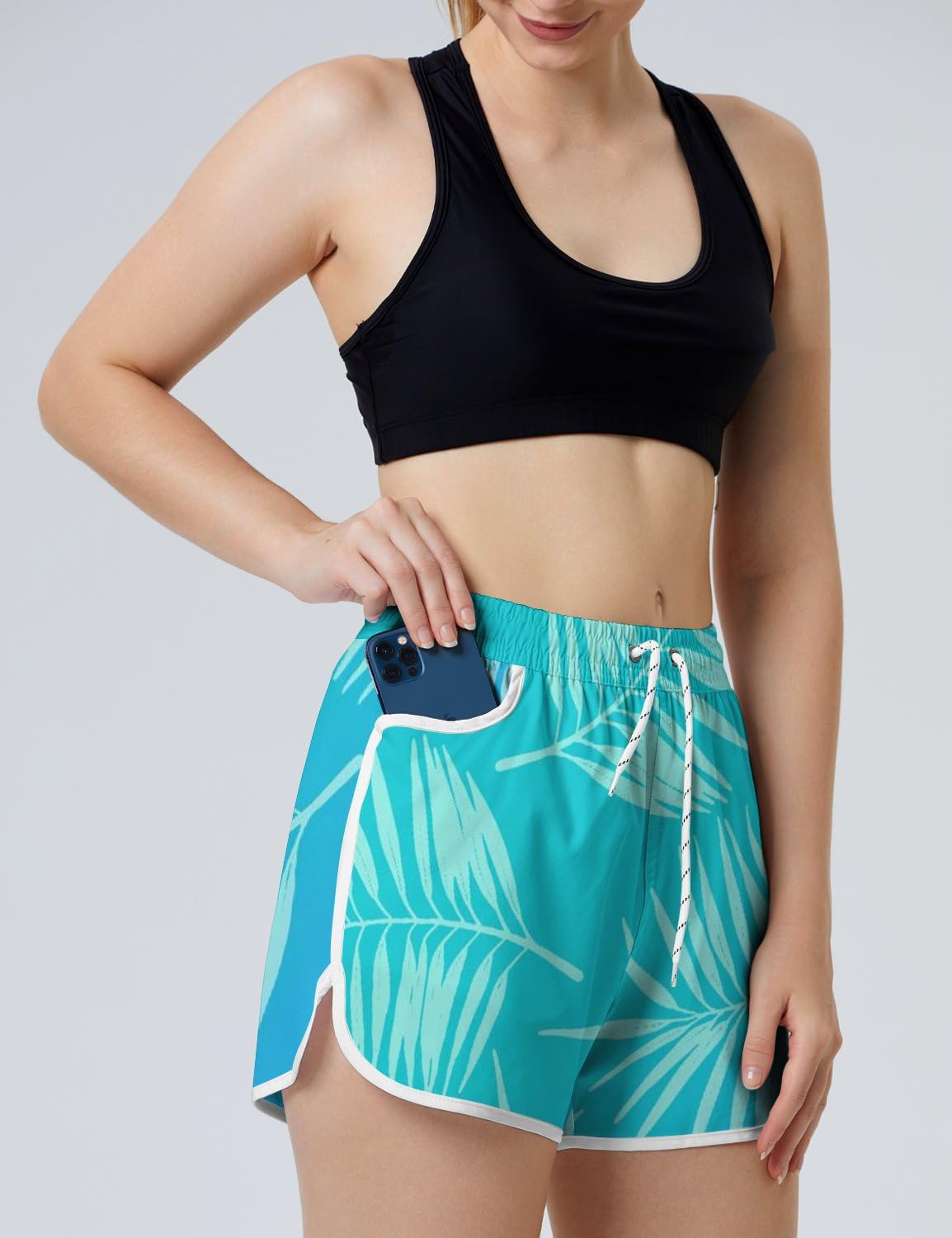 AYUNIX Women's Running Shorts with Pockets Quick Dry Performance Shorts for Women Leaf Athletic Workout Gym Shorts White