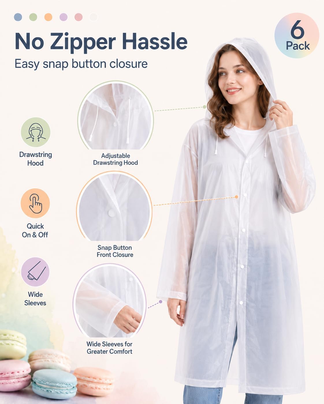 Family 6 Pack for Adults -Reusable EVA Rain Jackets,Emergency Raincoats