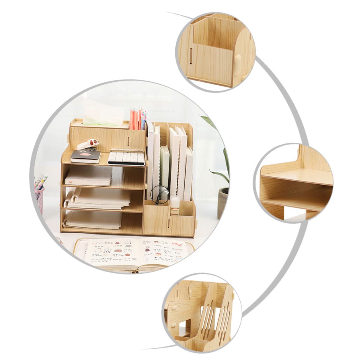 POPETPOP Organizador de Escritorio de Madera Diseño Multifuncional y Compartimentos Múltiples, Estante de Almacenamiento de Archivos Gran Capacidad para Oficina