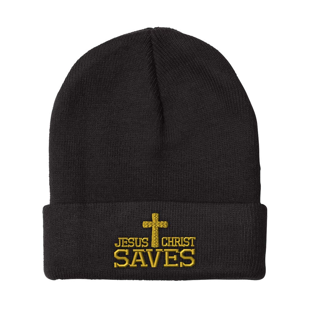Speedy Pros Beanies for Men Jesus Christ Saves Embroidery Christian Symbol Winter Hats for Women Acrylic Skull Cap 1 Size Black Design Only