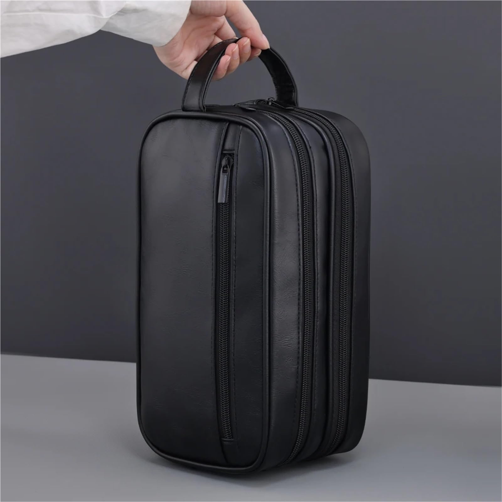 Neceser De Viaje Neceser de Doble Capa for Hombre, Organizador de Lavado de Viaje de Cuero PU, Bolsa de cosméticos de Afeitado Resistente al Agua, Almacenamiento para Viajes(Coffee)