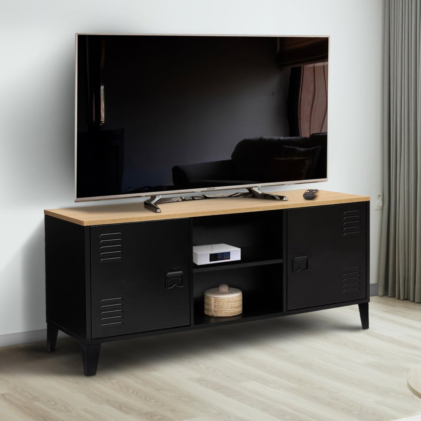 IDMarket - Meuble TV 113 cm Ester 2 Portes métal Noir et Plateau Bois Design Industriel