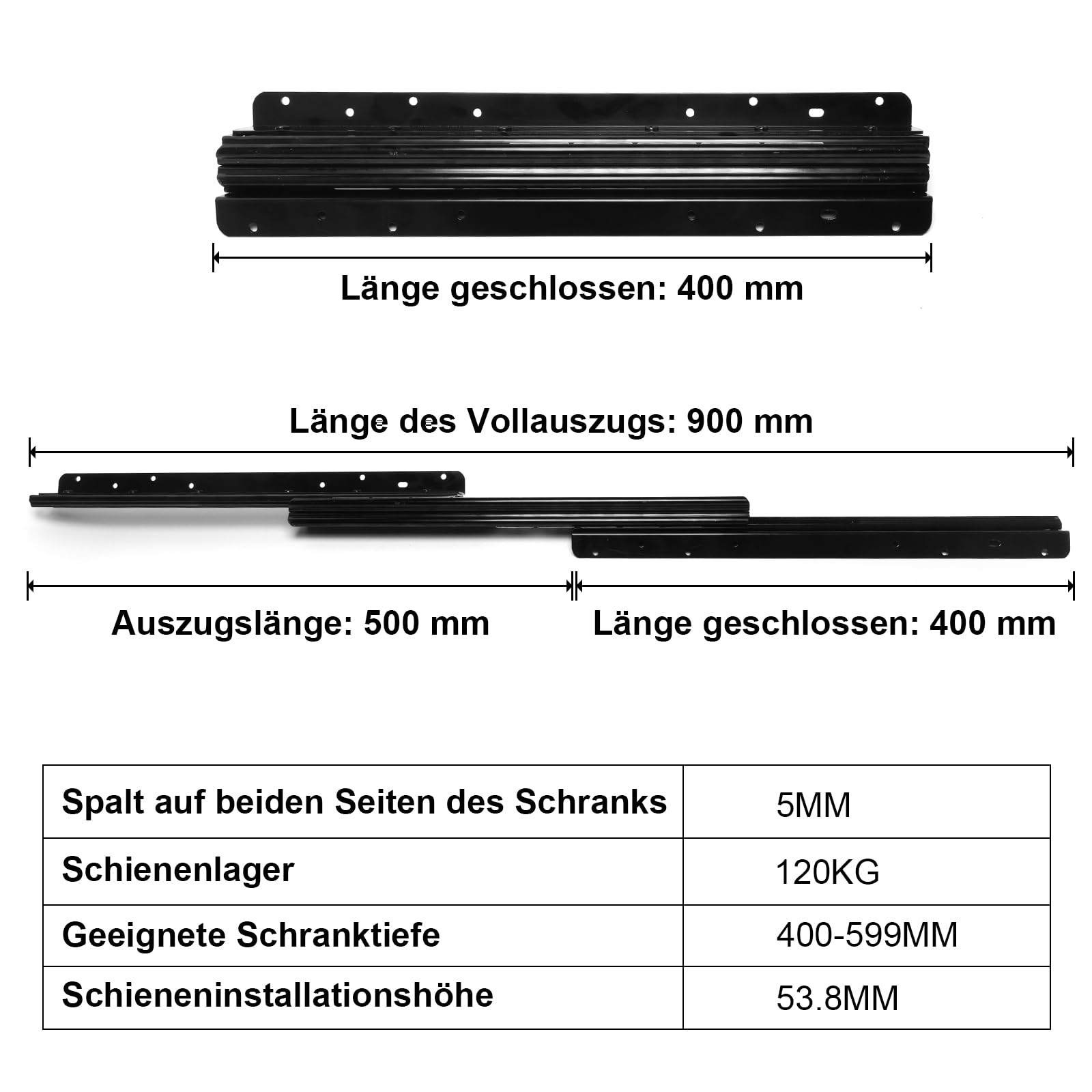 Guías para cajones (2 unidades, 400 – 900 mm, rodamientos de bolas)