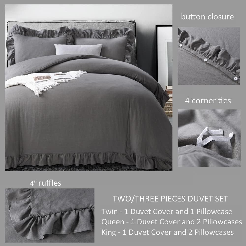 meadow park 100% Stone Washed Linen Duvet Cover Set 3 Pieces, King Size 104 inches x 92 inches, Shams 20 inches x 36 inches, Ruffled Style, Button Closure, Corner Ties, Super Soft, Charcoal Color