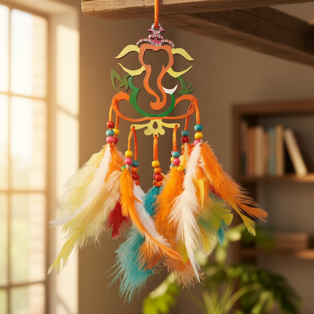 Varenyam Wooden Handpaited Ganpati Dream Catcher for Car, Unique Hand Painted Ganesha Car Mirror Hanging Accessories Interior, Ganesh Dream Catcher for Rear View Mirror Accessory, Gift Item 2