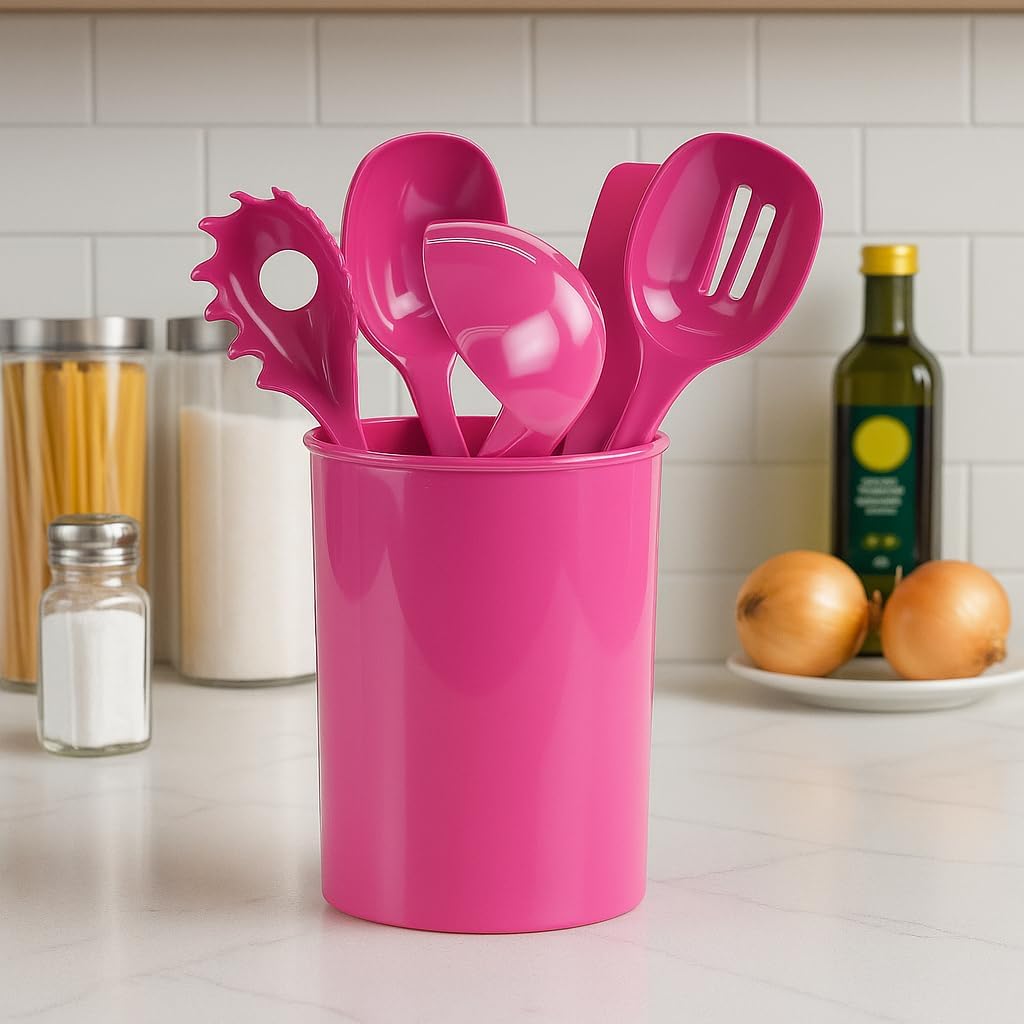 Reston Lloyd 6 Piece Kitchen Utensil Holder for kitchen counter, Utensils crock with Heat Resistant Spoon, Slotted Spoon, Ladle, Spatula BPA Free, Magenta