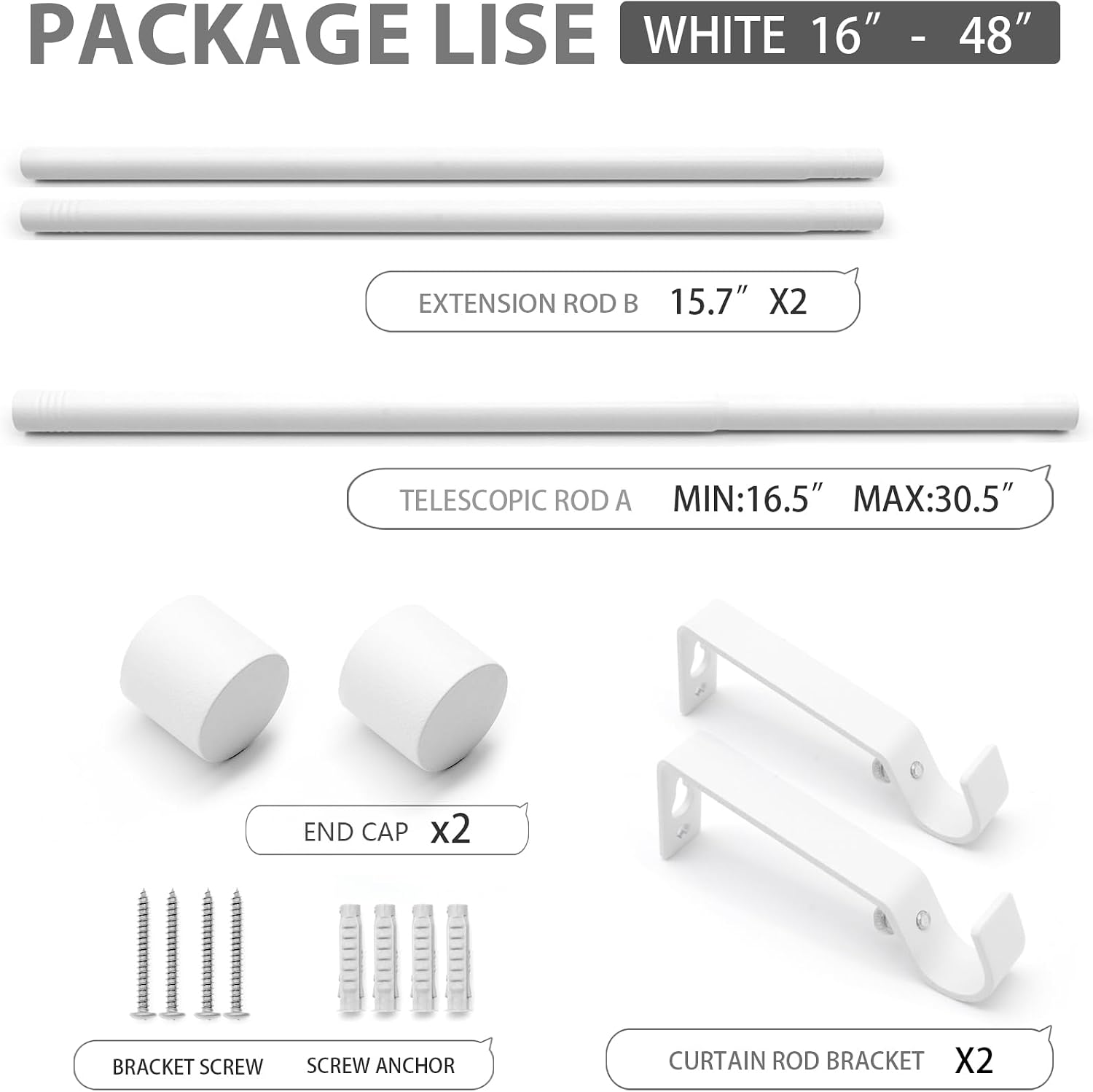 curtain rods modern minimalist style,3/4 inch diameter adjustable curtain rods for windows, 16-48", white 16-48" white