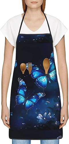 Miniatura 9 de Unisex Apron With Pocket, Dark Blue Butterflies Print Chef Apron For Cooking, Bbq & Crafts, Spillproof Kitchen Protection Bib With Large Utility