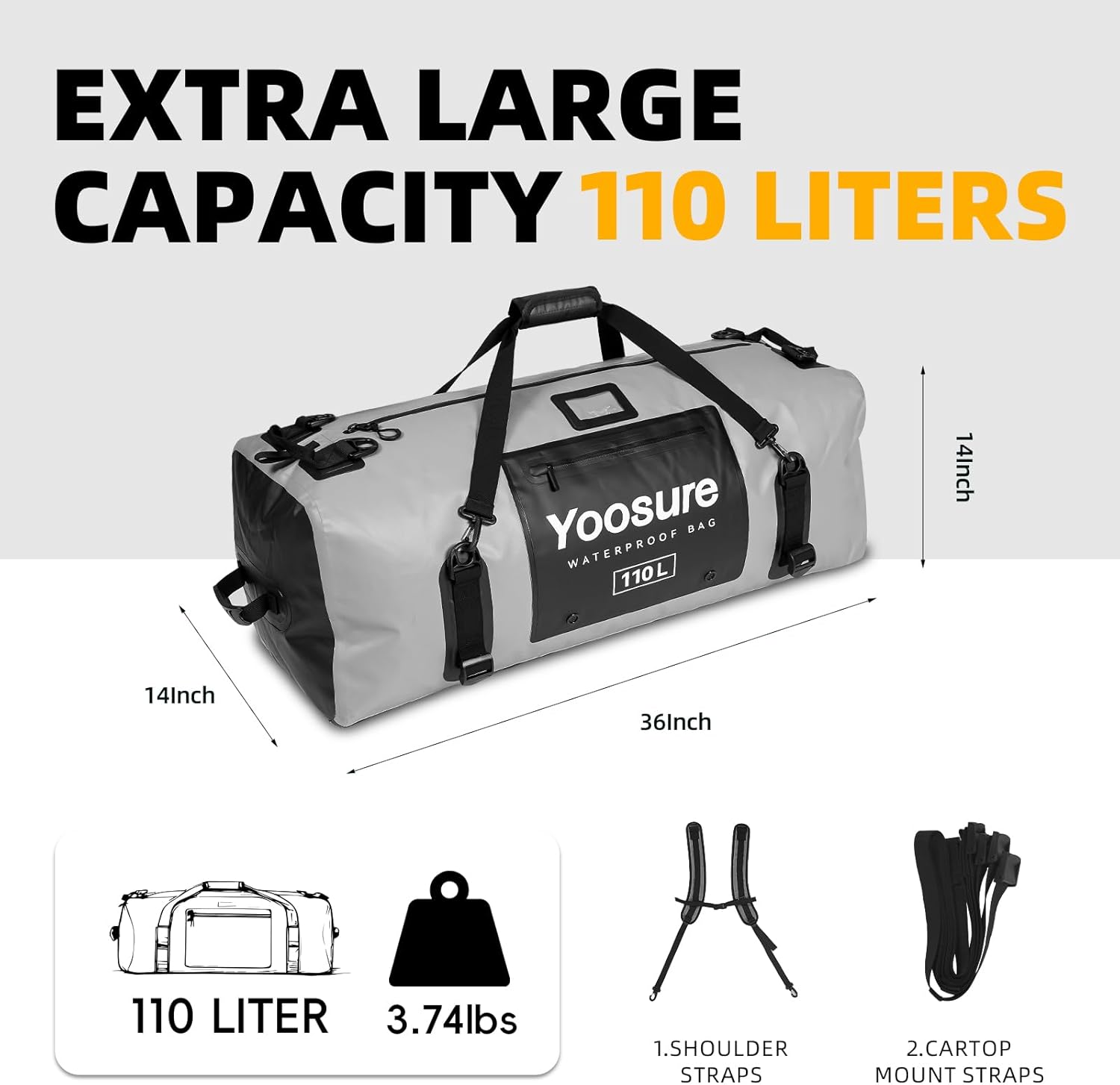 Waterproof Duffel Bag 110L- 700D PVC Dry Bag with Airtight Zipper, Large Dry Bag with Straps&Handles for Camping Boating Kayaking Rafting Canoeing Gym Beach Car Roof Storage (Grey) - Image 3