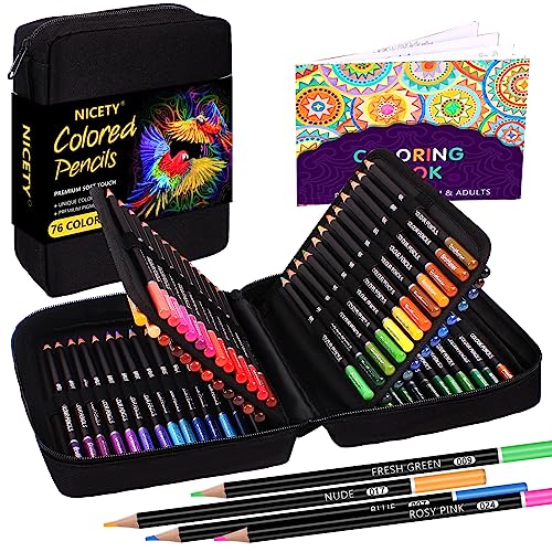 NICETY Colouring Pencils Art Set - 76 Coloured Pencils for Adults Artist Kids Children, Professional Pencils Perfect for Sketching Drawing Colouring, in Zipper Case