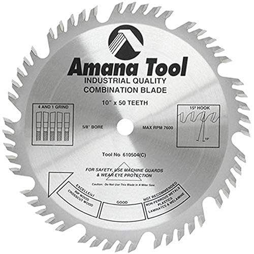 Amana Tool - (610504) Combinación de punta de carburo rasgado y corte transversal 10" de diámetro x 50T 4+1, 15 grados, 58 de diámetro