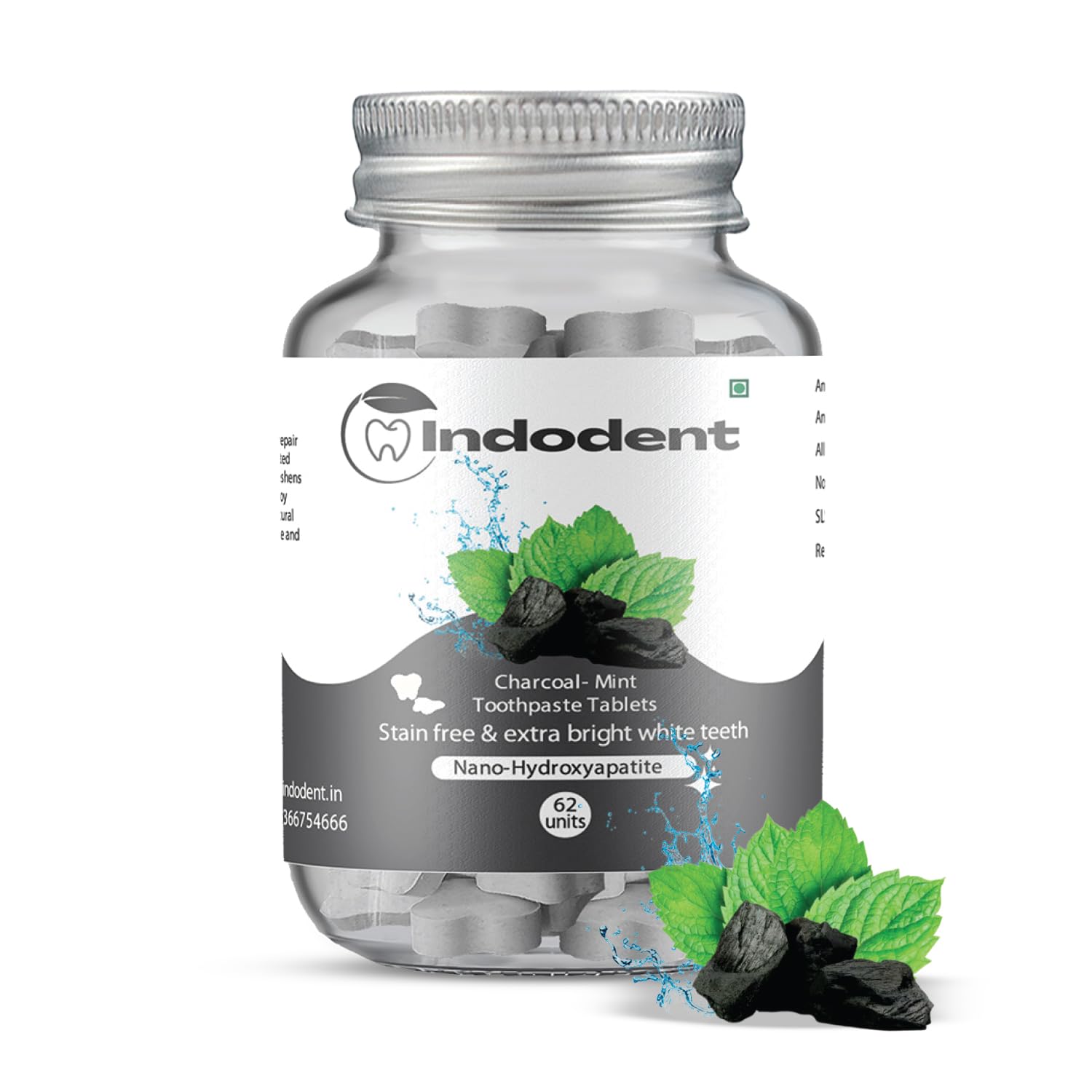 INDODENT Charcoal Mint Toothpaste tablets (62) bottle | Activated Charcoal | Minty Fresh | Strengthening SLS free Multi-Protection Formula | Sensitivity Relief | Nano Hydroxyapatite