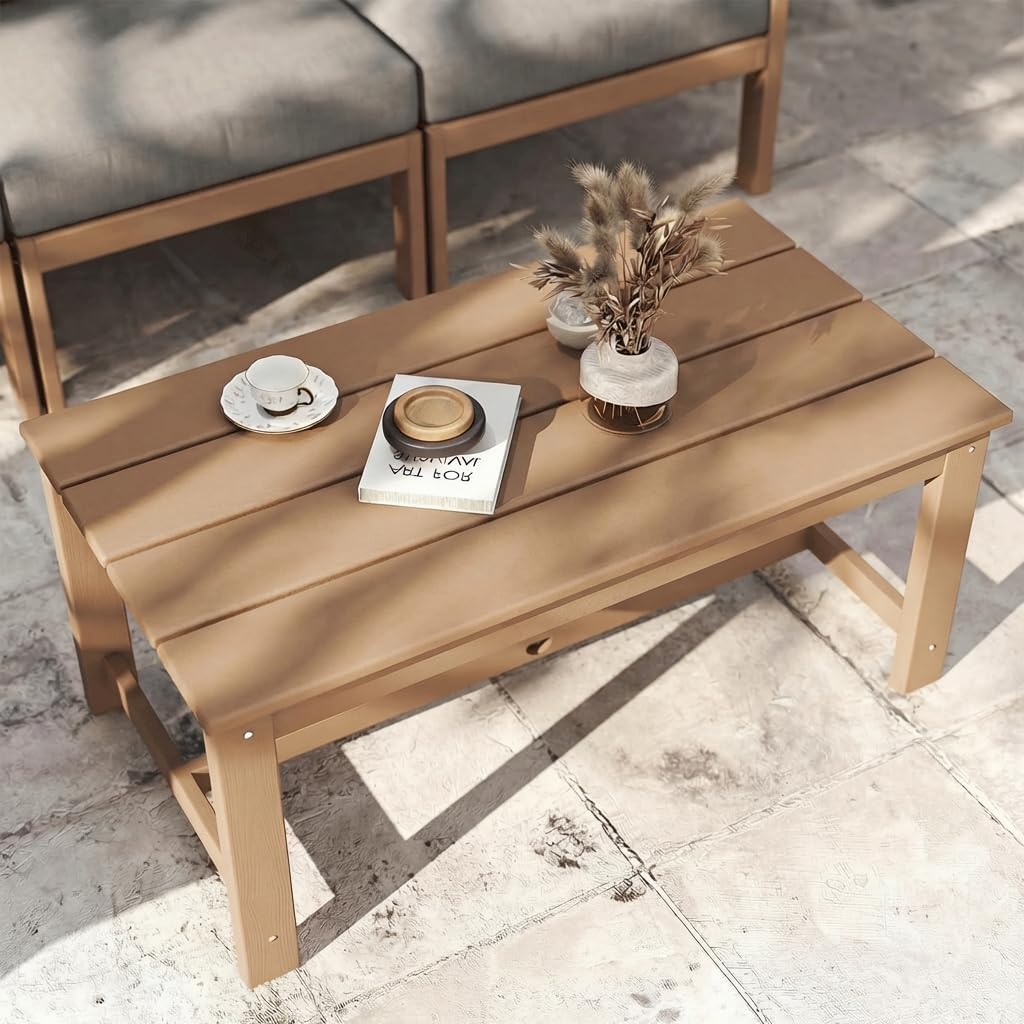 37.6 Inch HDPE Patio Coffee Table, Weather-Resistant Outdoor Coffee Table Easy Assembly for Lawn, Garden, Balcony, Deck, Backysrd (Teak)