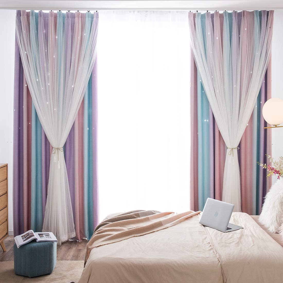 Lanqinglv Girls Curtains with Sheer Net - Kids Room 2 Panels Stars Blackout Curtain with Hollow Out Design,Colorful Double Layer Star Cut Out Living Room Window Curtains Nursery,W 52 in x L 108 in