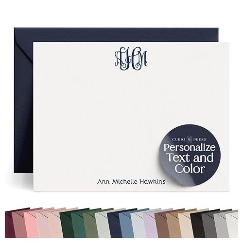 Custom Monogram Flat Notecards, Traditional 3 Initial Note Stationery, Wedding Thank You Stationary, Three Letter Monogram, Vine Mono Flat