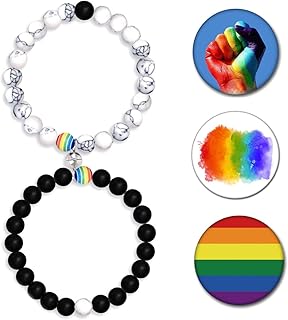 2 Pcs Rainbow Pride Bracelets and 3 Pcs Pride Pins for Gay Lesbian Rainbow Bead Bracelets Pride Brooches Lapel Pins Set for Clothes Bag Pride Gay Rainbow Brooch Decorations