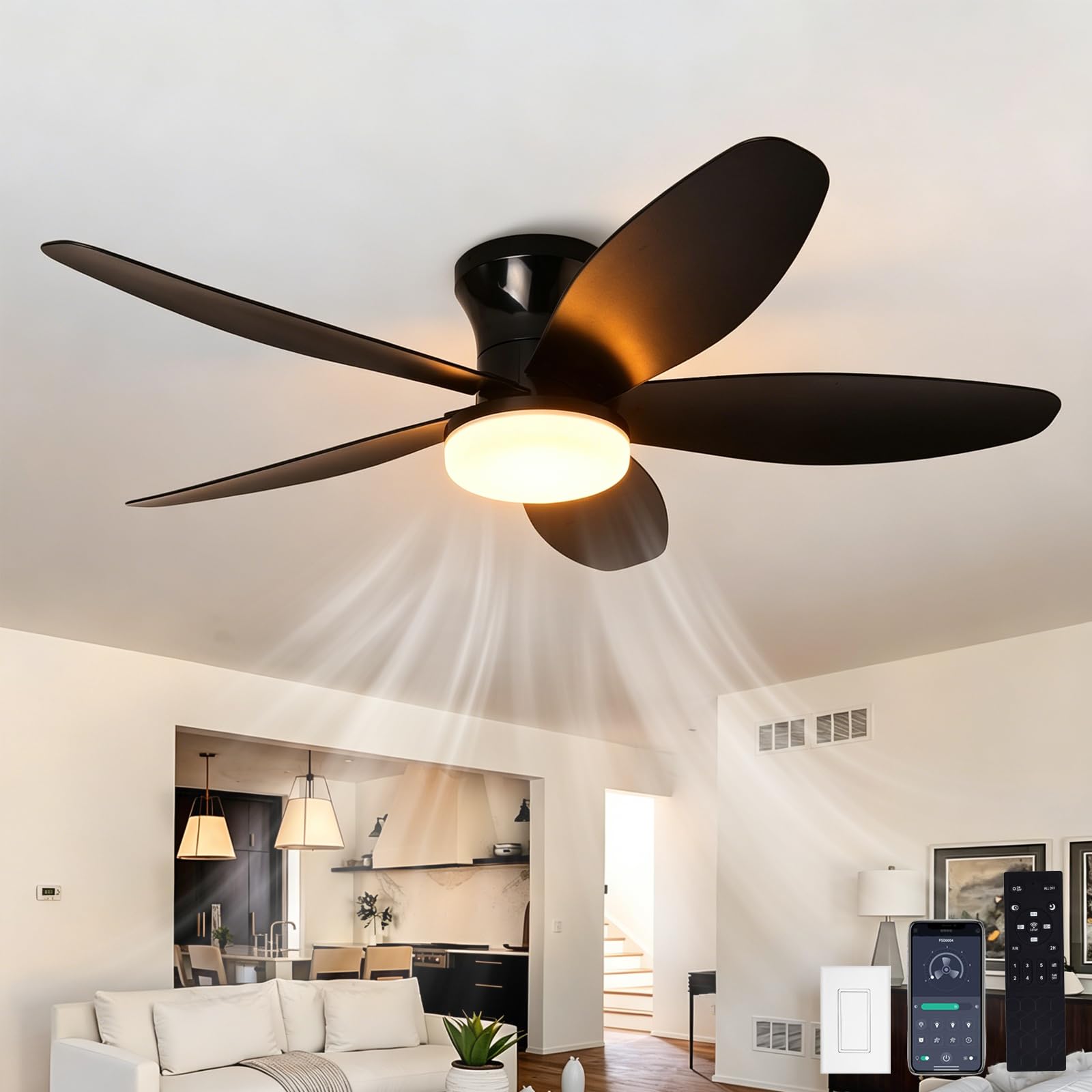 SXDMOUBK 36 Inch Dimmable LED Ceiling Fan,Reversible,Timer,6 Speeds & Timer Ultra-Quiet,Ceiling Fans with Lights and Remote,Dimmable Smart Ceiling Fan for Bedroom Kitchen Dining Room