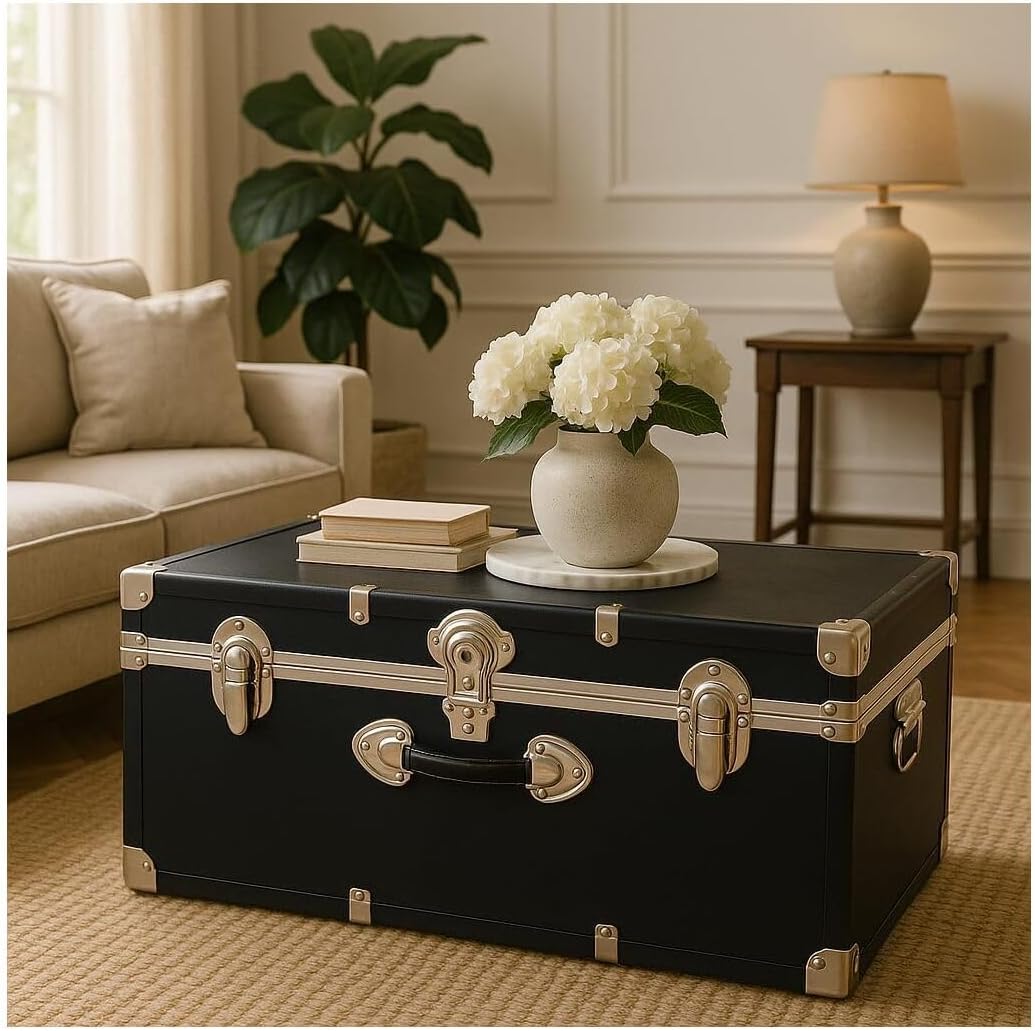 HomeStock Rustic Romance Heavy Duty 30" Under Bed College Storage Trunk with Lock, Latch Closure Type, 15.75" D x 30" W x 12.25" H, Ideal Camp Dorm Room Trunk Footlocker Black/Nickel