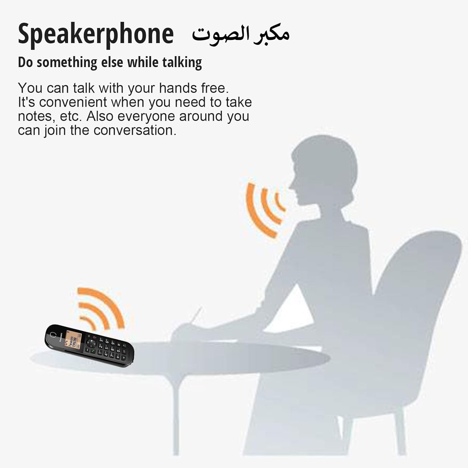 Illustration of a person using a speakerphone while working
