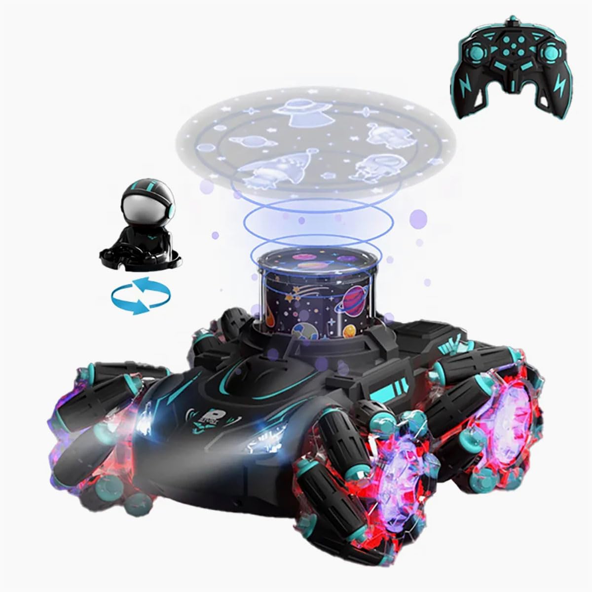 2.4GHz RC Transforming Car & Skylight Projector - LED Lights, Rechargeable Battery, 4WD Stunt Vehicle, One-Key Deformation, HD Projection, 9 Slides, Kid's Toy (Green/Black)