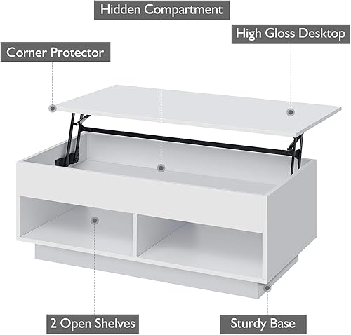 Miniatura 7 de HOMMPA Morden - Mesa de centro elevable con almacenamiento oculto, mesa de centro LED de alto brillo, color blanco, para sala de estar de 3 niveles,