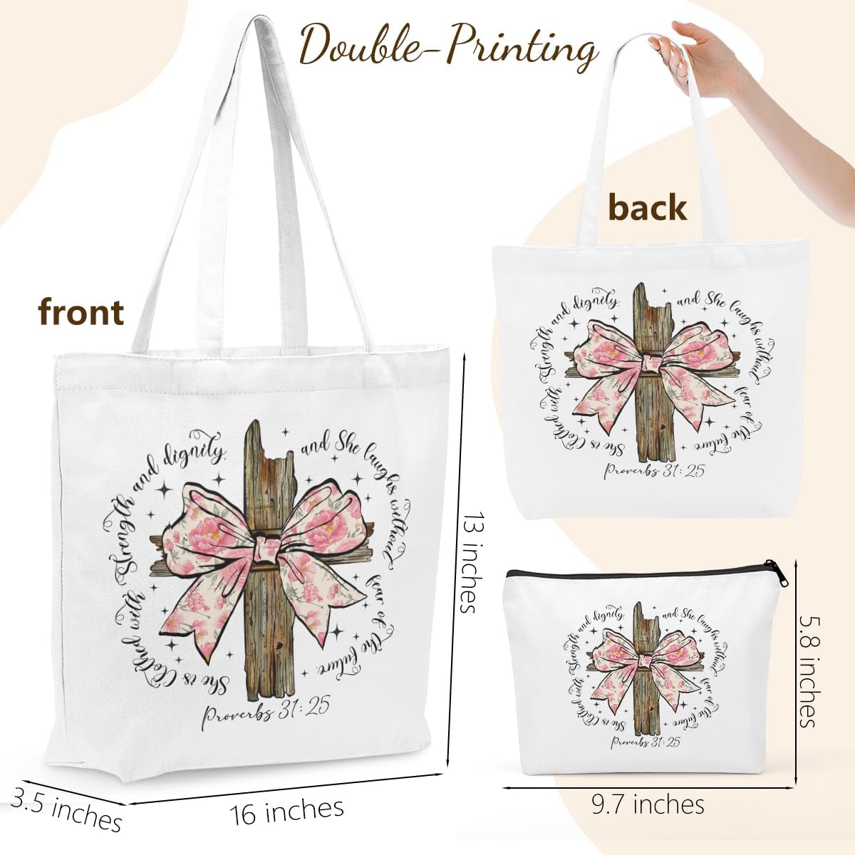 Christian Gifts for Women, Girls Preppy Bow Canvas Tote Bag Makeup Bag Set, Inspirational Bible Verse Religious Gifts Graduation Retirement Nurse Mothers Day Reusable Grocery Bags Travel Cosmetic Bags - Image 4