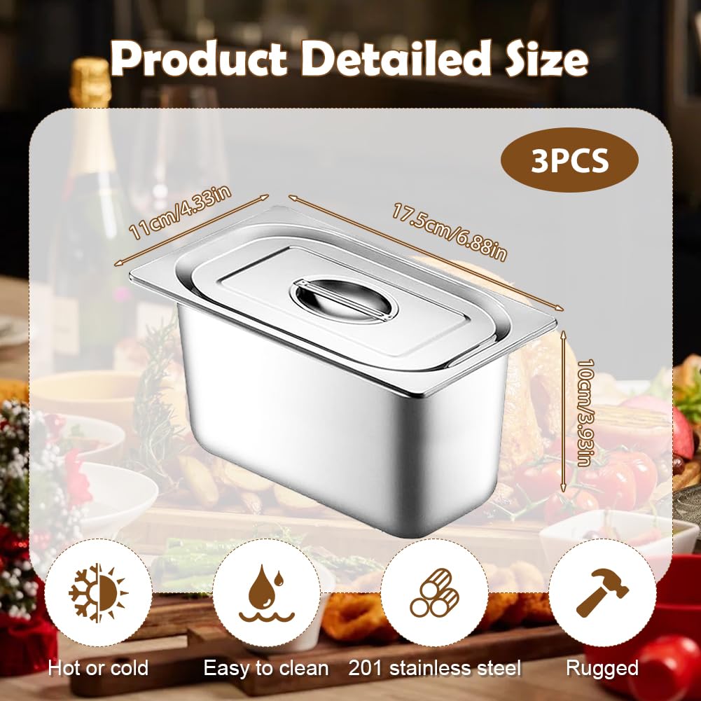 Gastro - Set di 3 vassoi rettangolari, contenitore GN in acciaio inox con coperchio, contenitore per alimenti (17,5 x 11 x 10 cm)