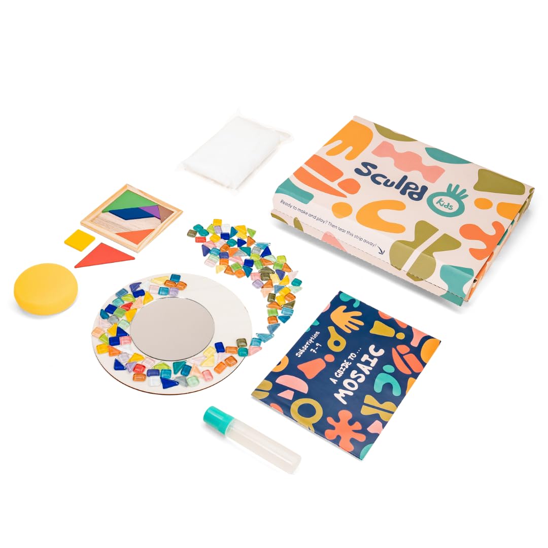 Sculpd Mini Kids Mosaic Kit - Create Your Own Mirror - Includes Tangram Tile Game, Craft Supplies - Mosaic Kits for Kids Birthday Gift Age 4-6 - Beginner Arts & Crafts - Montessori Educational Toys