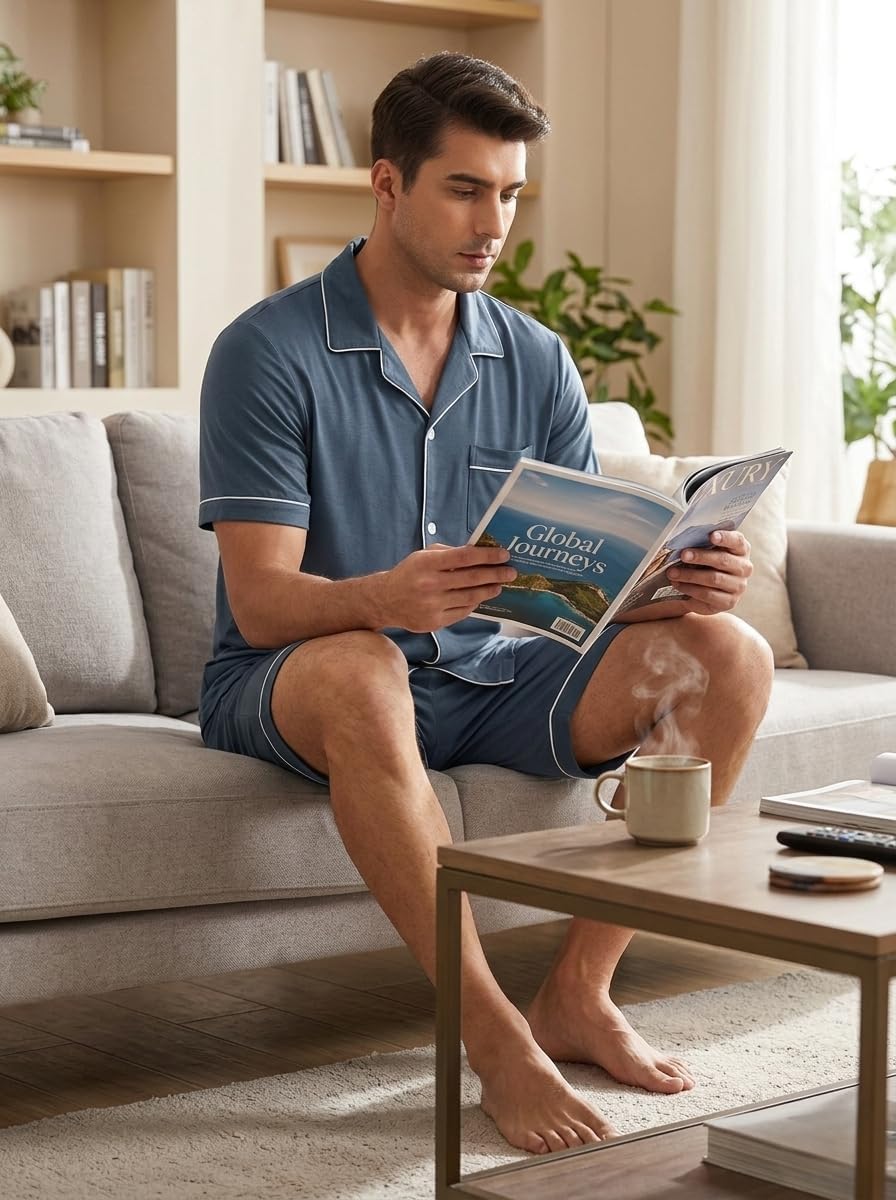 MoFiz Mens Cotton Pajamas Set Sleepwear Shorts Soft Summer Button Down Pjs Set 2 Piece Loungewear with Pockets S-3XL