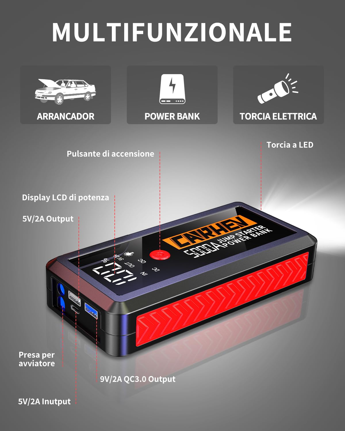 CARHEV Booster Avviamento Auto, 5000A Avviatore Batteria Auto (Fino a 8.0L Benzina/8.0L Diesel), 12V Avviatore Emergenza per Auto con Grande Display LCD e Torcia LED, Starter batteria auto con QC3.0