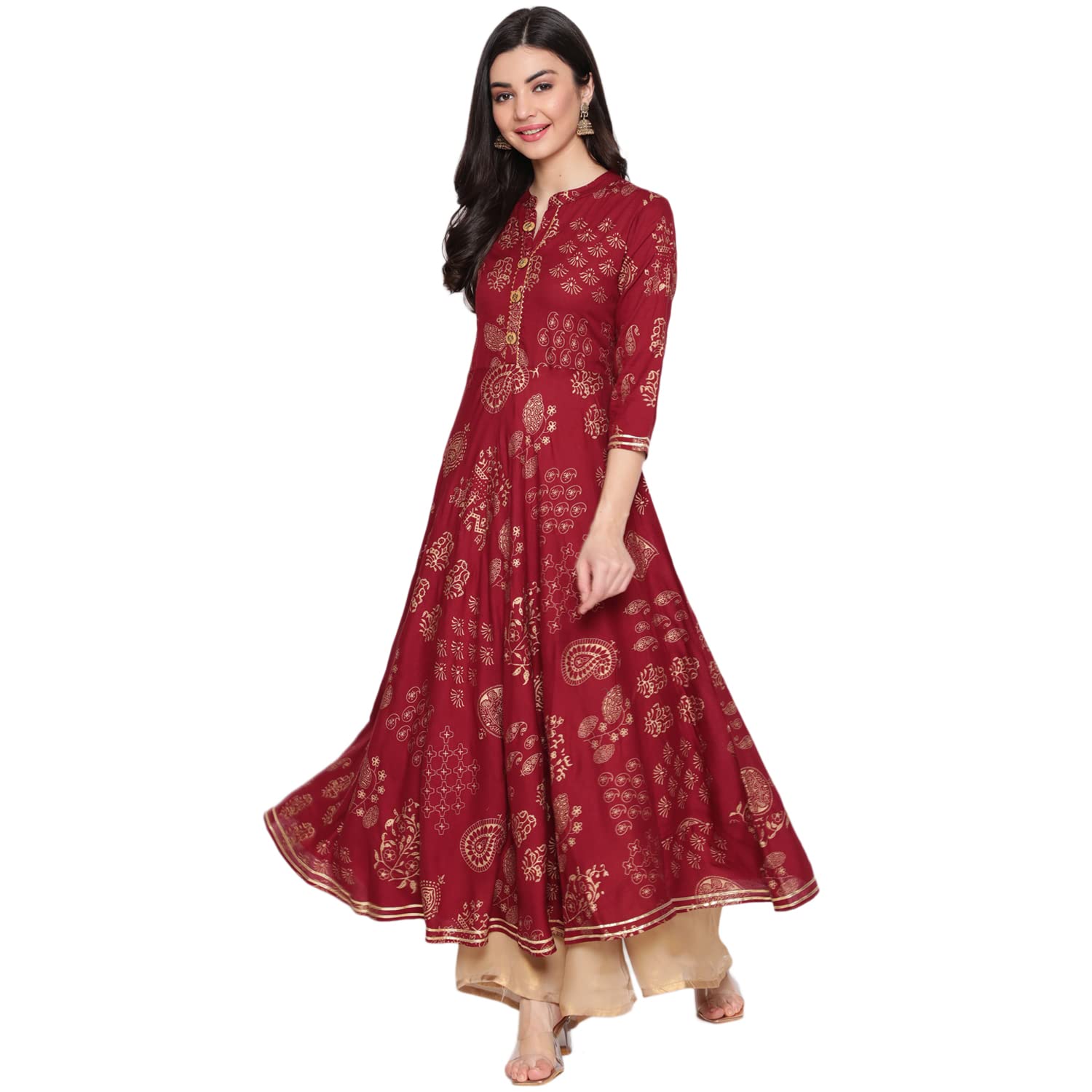 Glam Roots Women Rayon Printed Mandarin Neck 3/4 Sleeve Flared Ankle Length Ethnic Kurta