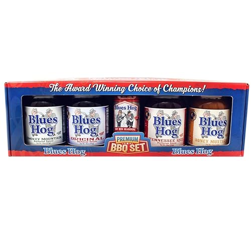Blues Hog Muestreador grande para barbacoa prémium (paquete variado de 5 con 4 salsas diferentes y 1 frotamiento)