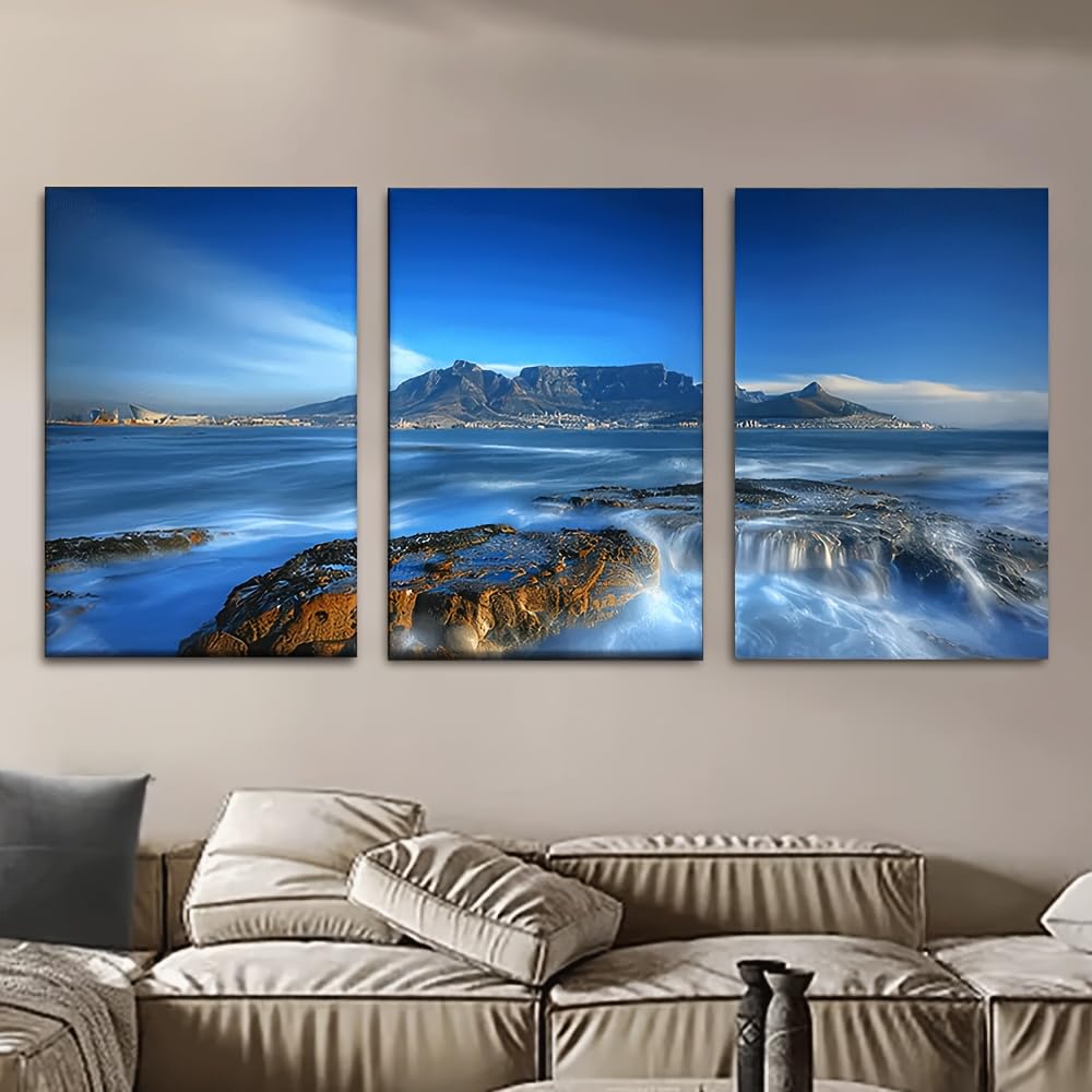 JKEVCBIAX The Stunning Blue Coast, Abstract Ocean Wave Wall Art Simple Line Art Canvas Painting Modern Aesthetic Indoor Wall Decor(30x45cmx3/NO frame)