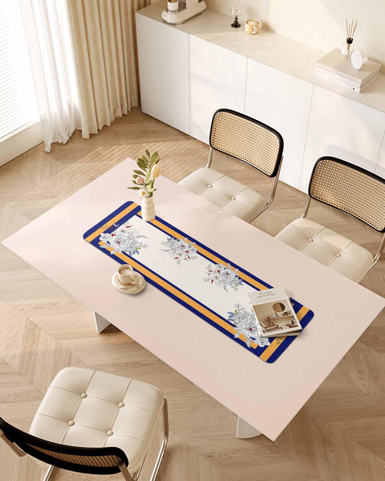 Debedcor Heat Proof Table Pads Waterproof Decorative, Boho White Floral Non-Slip Table Countertop Protector, Farmhouse Navy Orange Stripes Insulation Mat for Dining Room, 48 x 12 Inches