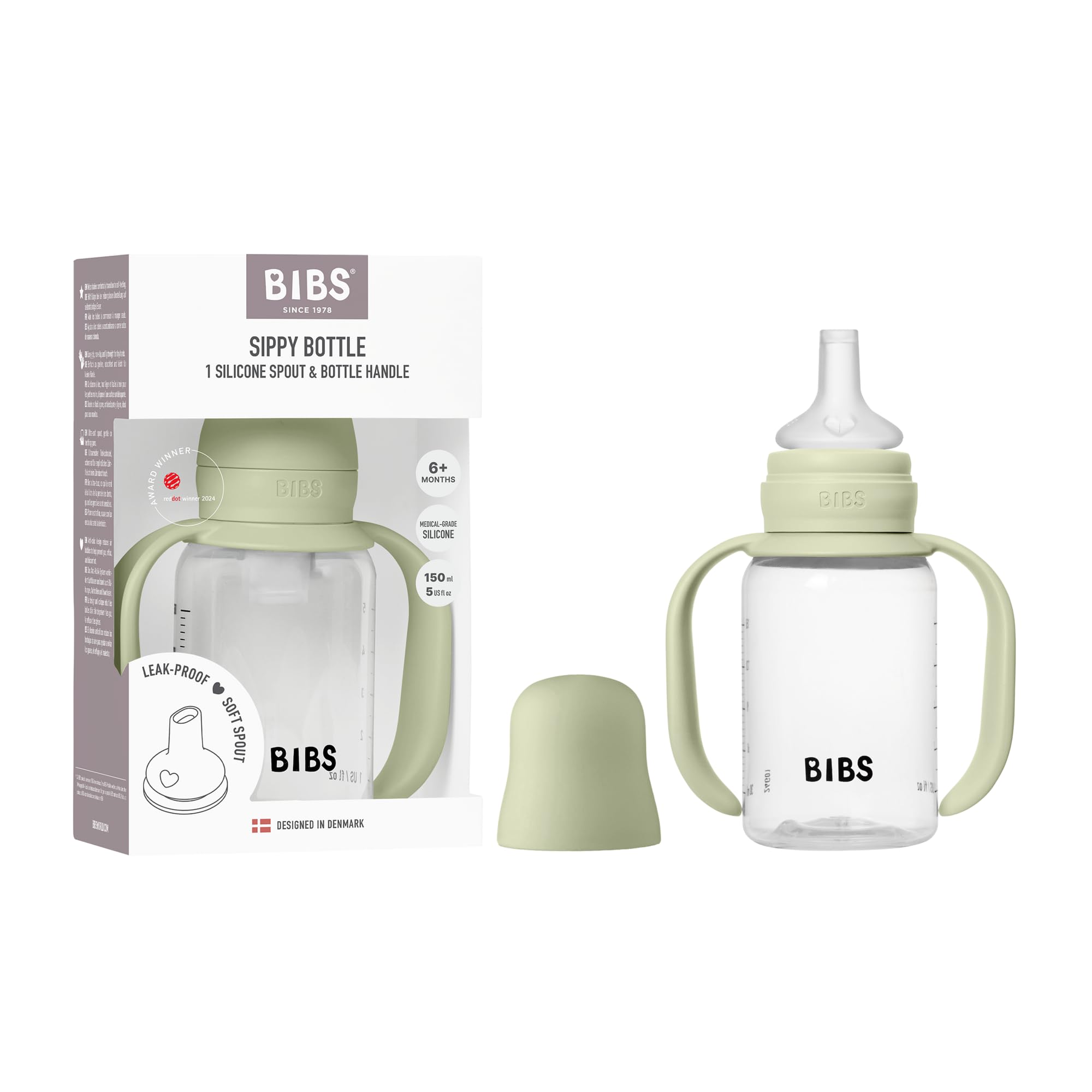 BIBS Sippy Bottle, 150 ml, Easy-Grab Handles & Silicone Spout, Leak-Proof, Sippy Cup for Toddlers BPA-Free, 0+ Months - Sage