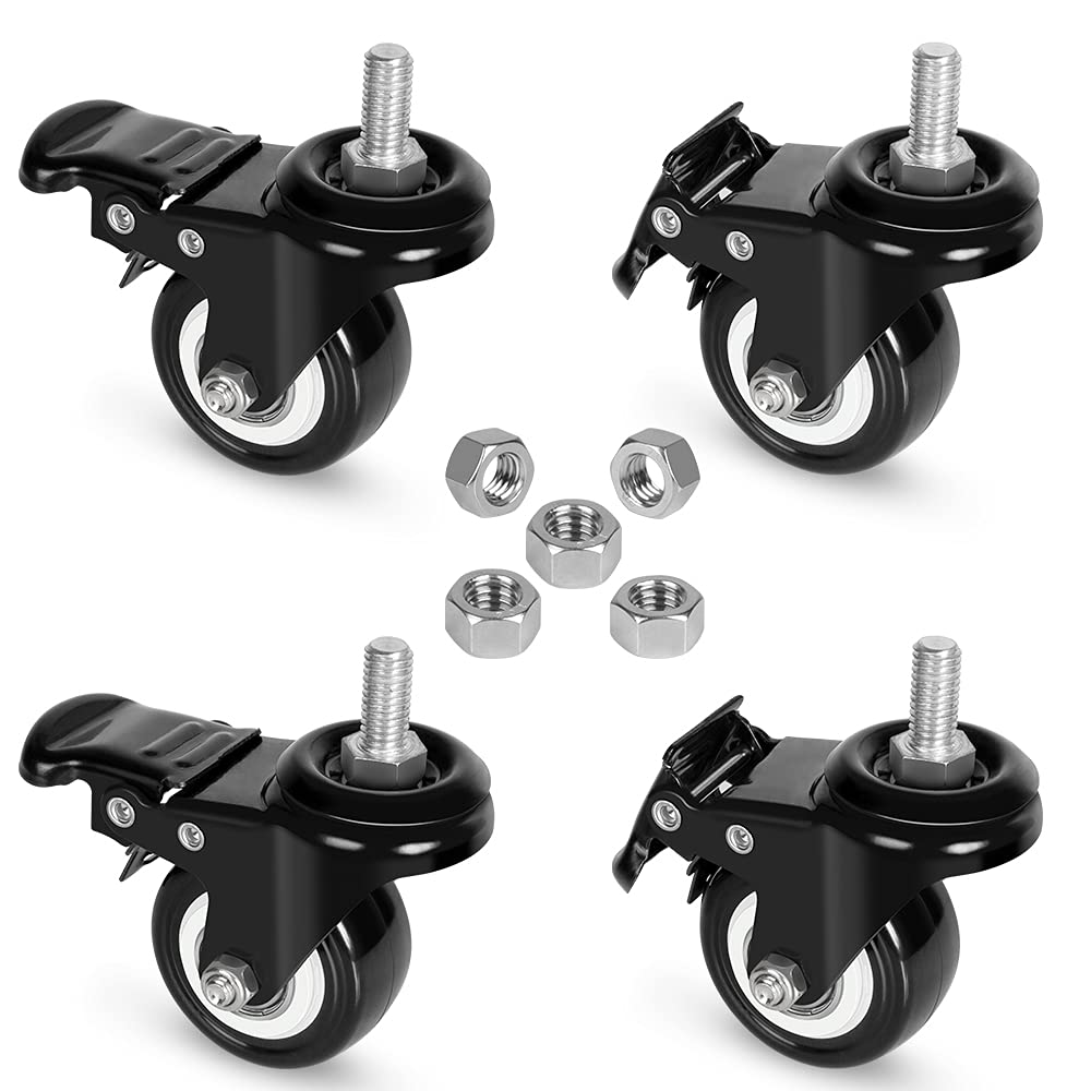 8T8 Replacement Locking Casters with Screw in Stem 3/8'',Set of 4, Heavy Duty, Rubber Caster Wheels with Hex Nut,Caster Wheel 3/8" with 16 TPI