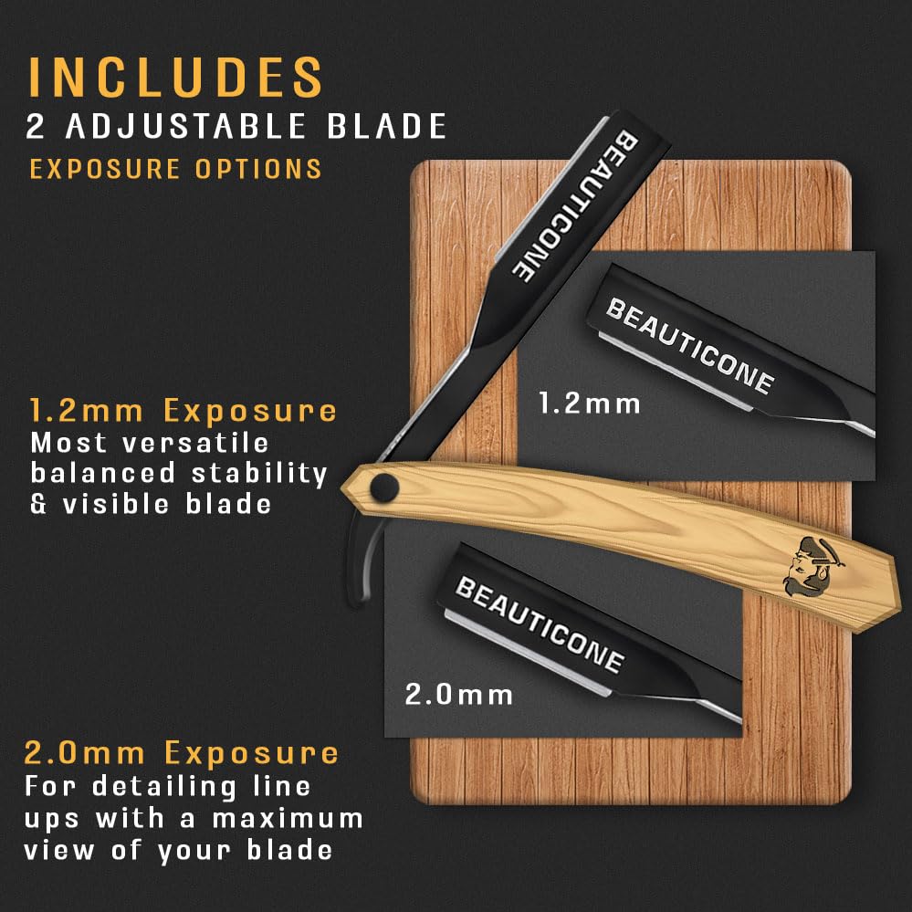 Image of BEAUTICONE Straight Razors for Men, Straight Edge Razor, Single Edge Replacement Blades, Stainless Steel, Barber Razor for Men's Shaving, Barber Shaving Knife (Ash Wood)