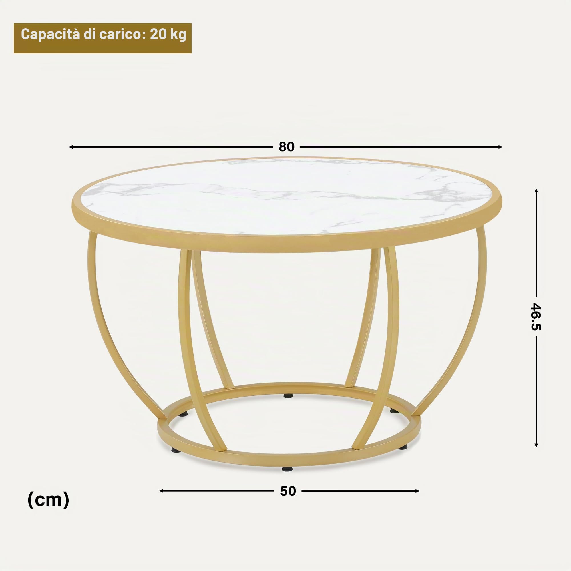 Barberpub Tavolino rotondo in legno, moderno tavolino in metallo, tavolino da caffè per soggiorno, salone di bellezza, tavolo da soggiorno in marmo, bianco, oro, 80 x 80 x 46,5 cm, 2185