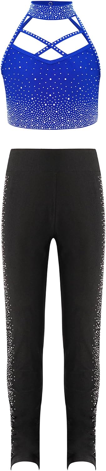 Hansber Kids Girls Gymnastic Set Shiny Rhinestones Tank Top and Leggings Figure Skating Workout Outfit Training Wear