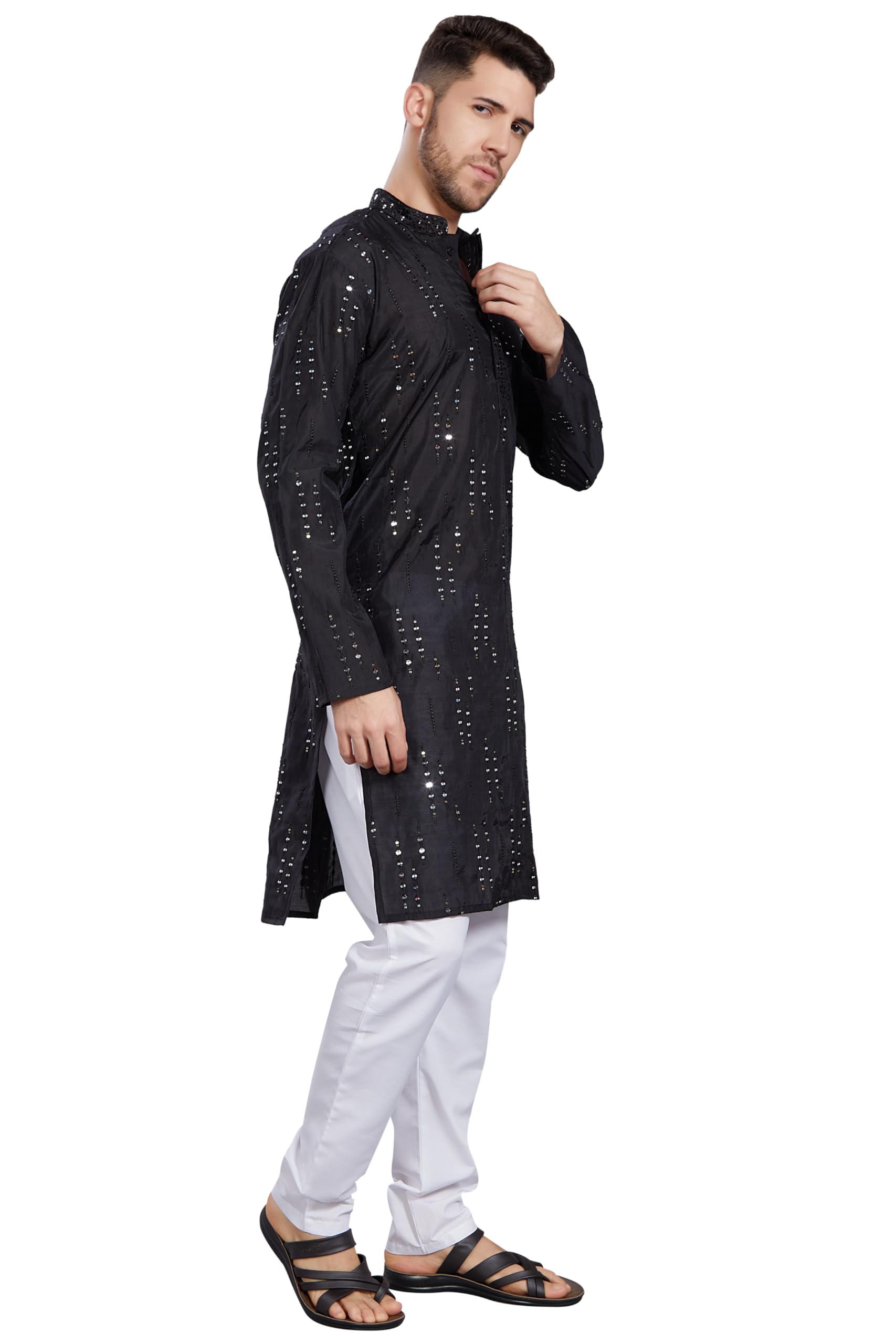 Divisive Men's Mirror Embroidered Silk Blend Only Slim Fit Kurta (Dkrt818_Xl_Black)