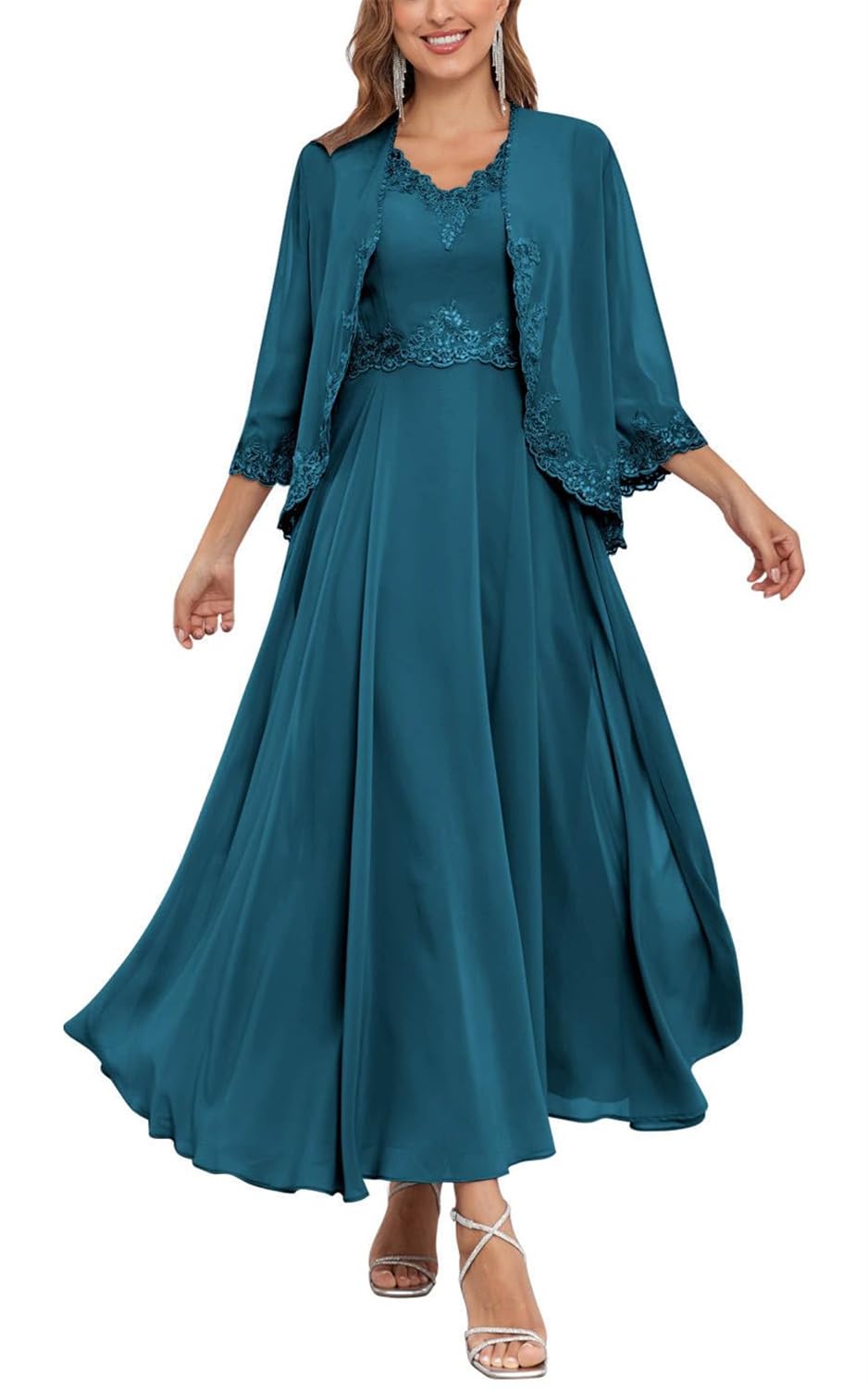 Kurface Women's Peacock 2 Pieces Mother Of The Bride Dresses For Wedding With Lace Applique Chiffon Mother Of Groom Dress Uk18