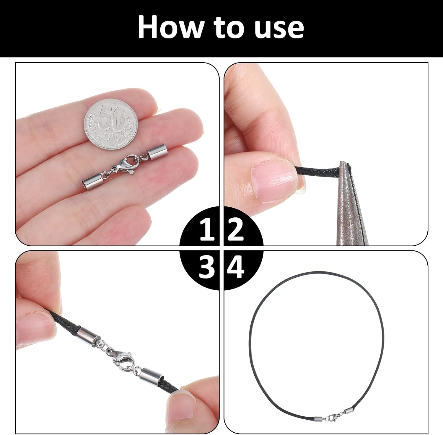 20Sets End Caps for Jewelry Making, Stainless Steel Leather Cord End Caps with Lobster Clasp Connector, Necklace Connector, 3mm Id Cord Ends for Jewelry Making Bracelets Necklaces