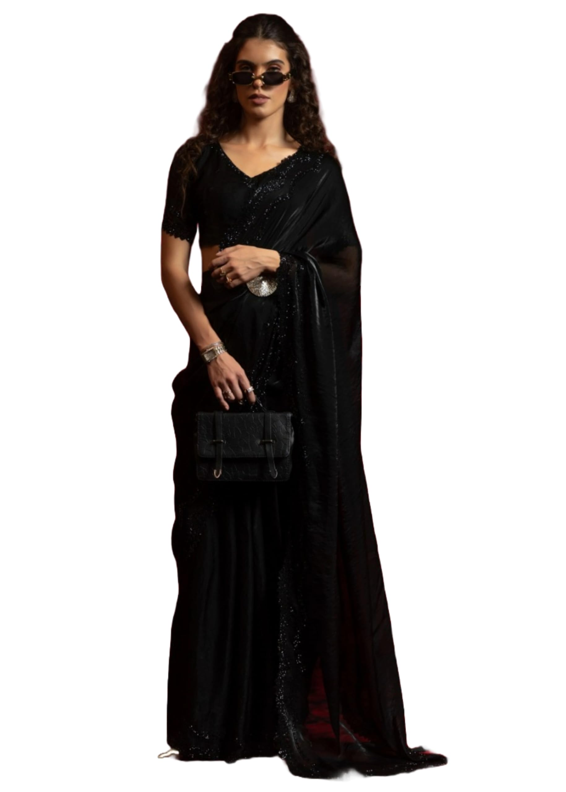 Womens Satin Silk Fabric Hand Jerquen Work Wedding Wear Saree 14918
