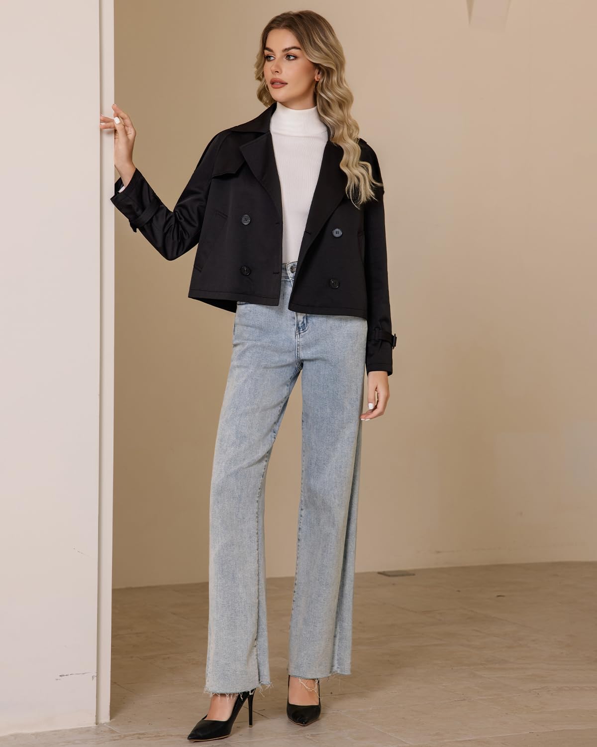 DIASHINY Trench corto da donna, doppiopetto, giacca corta casual alla moda a maniche lunghe